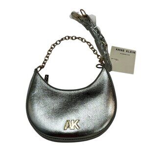 Anne Klein Mini Bag Purse Silver Metallic Crescent Gold Chain‎ Strap 90s Y2K